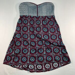 Roxy Womens Strapless Mixed Print Boho Mini Dress Maroon Teal Large RN114199
